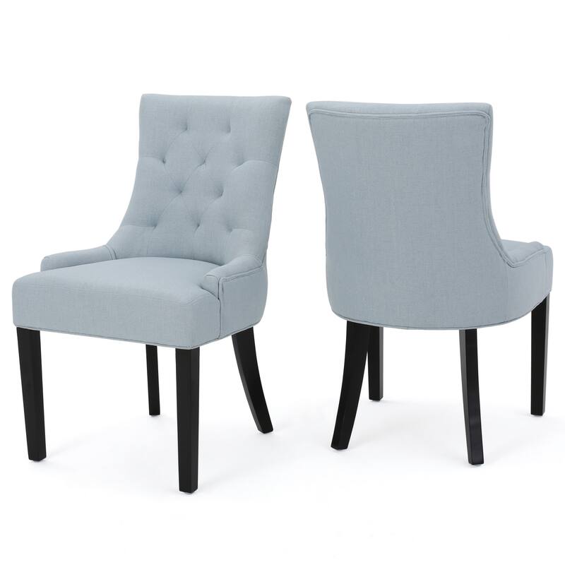 Chen Dining Chair Set of 2, Espresso Wood, Light Blue Button Tufted
