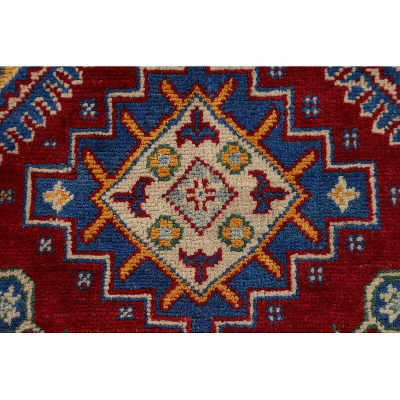 Red Geometric Kazak Oriental Foyer Rug Hand-Knotted Wool Carpet - 3'4" x 5'0"