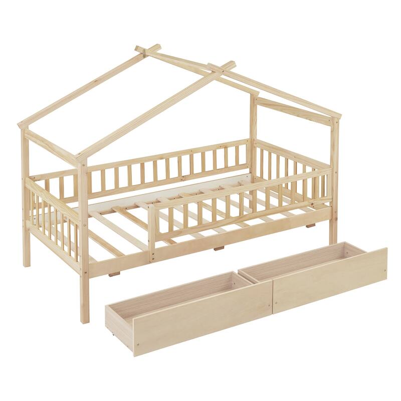 Kids Twin/Full Wooden House Bed with Roof and Storage Drawers, Solid Pine Frame