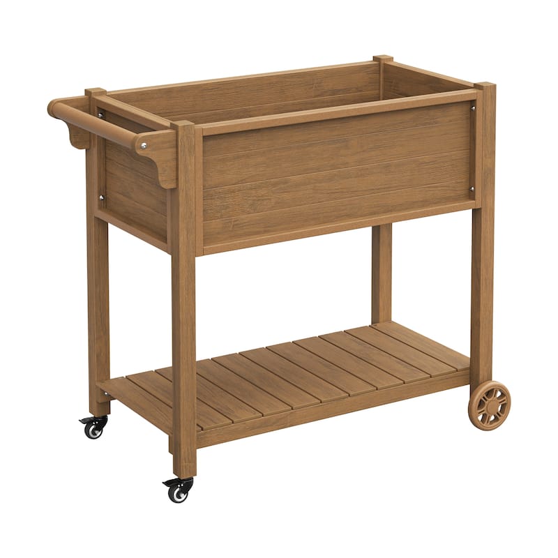 Outdoor Garden Bed Patio Plastic Raised Planter Box with Universal Wheels and Storage Shelf