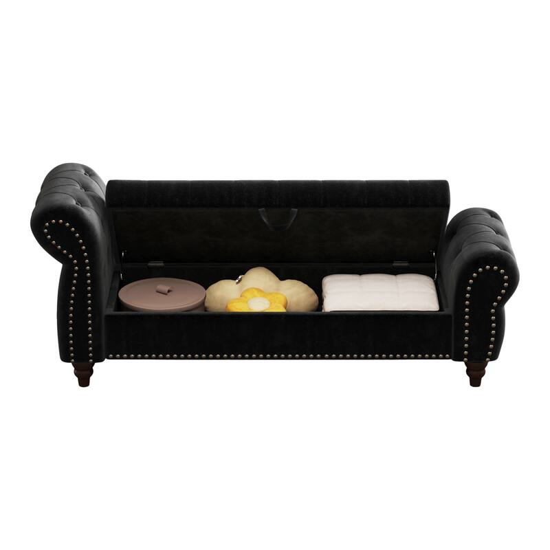 64.5" Storage Bench for Bedroom, Large Capacity Upholstered Ottoman, End of Bed Tufted Chaise Lounge with Rolled Arm