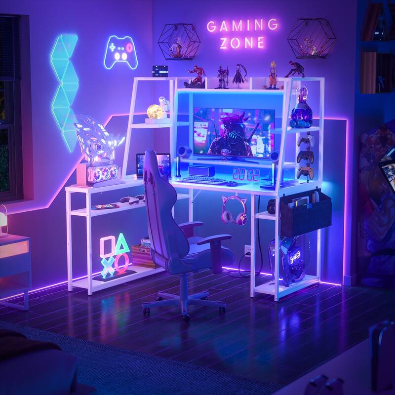 Ultimate L-Shape Gaming Desk with Hutch & Shelves, Reversible Computer Desk with LED Lights & Charging Station