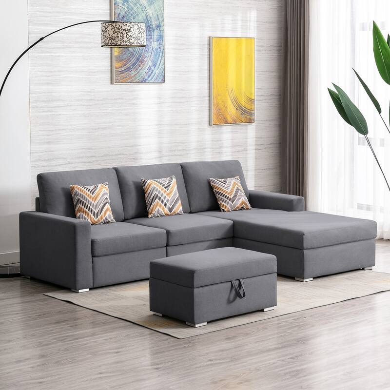 Linen Fabric 4 Piece Reversible Sofa Chaise with Interchangeable Legs and Storage Ottoman in Grey