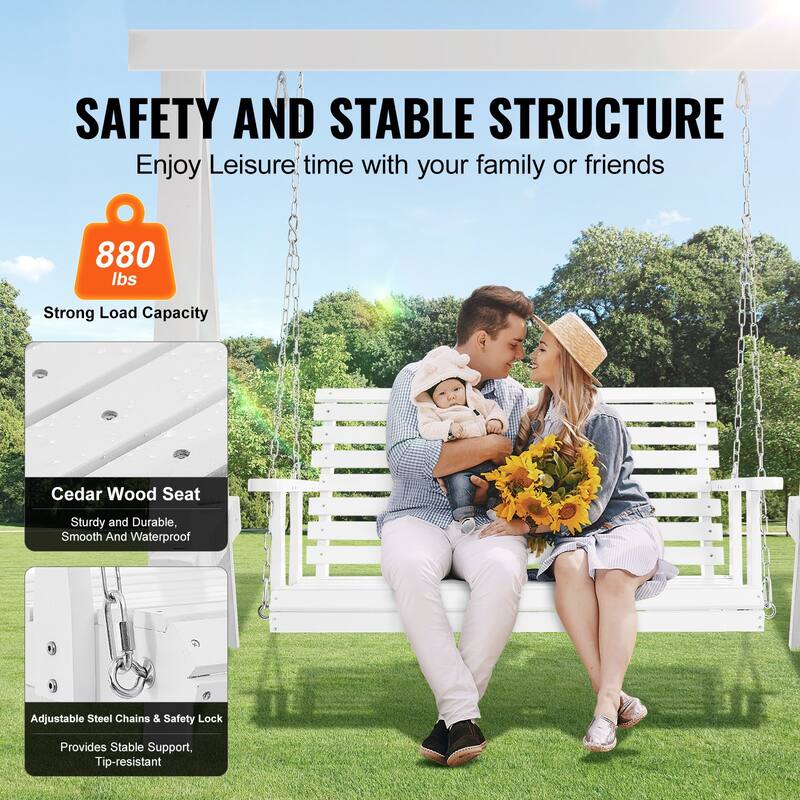White Cedar Wood Swing with Steel Chains, 880 lbs Strong Load Capacity - 58.8” L x28” W x 23.6” H