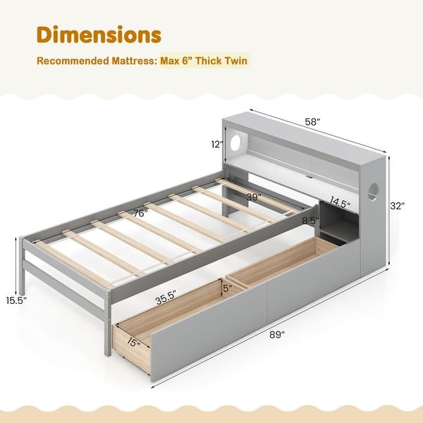 dimension image slide 1 of 2, Twin Size Bed Frame with LED Light and Bookcase Headboard