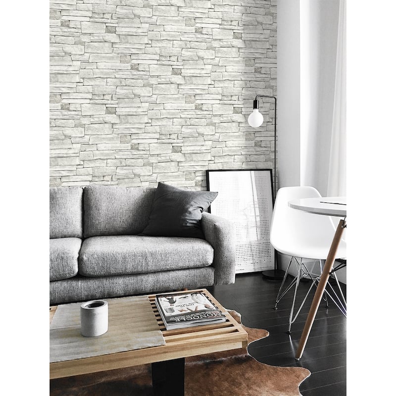 NextWall Stacked Stone Peel and Stick Wallpaper - 20.5 in. W x 18 ft. L - 20.5 in. W x 18 ft. L - Arctic Grey