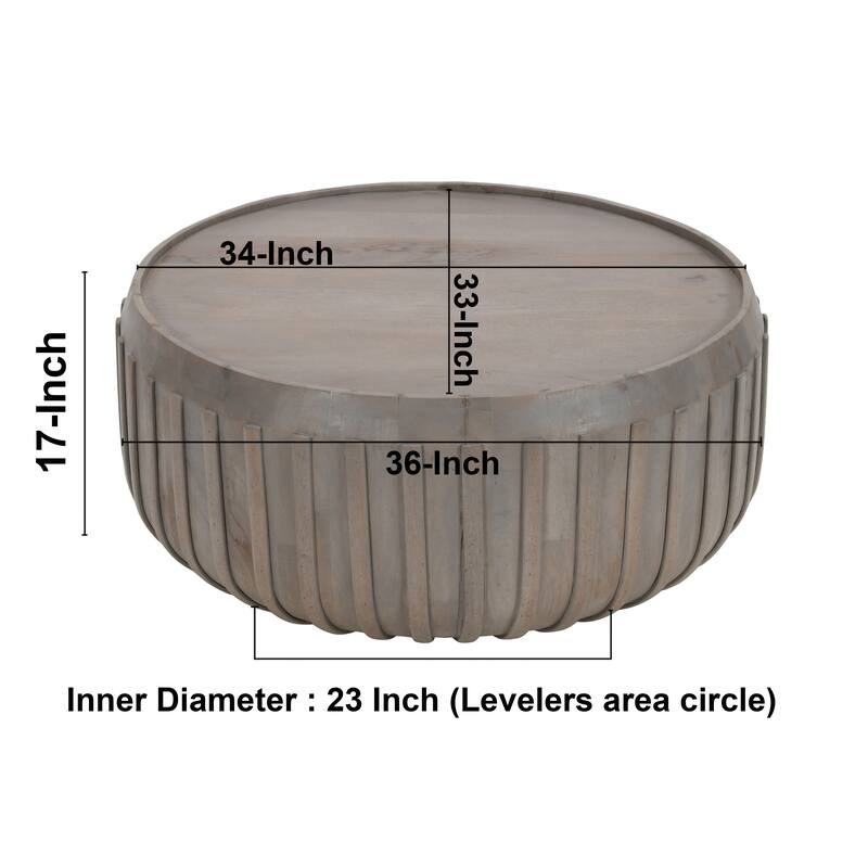 Alisha 36 Inch Coffee Table, Handcrafted Drum Shape with Ribbed Edges, Gray Mango Wood