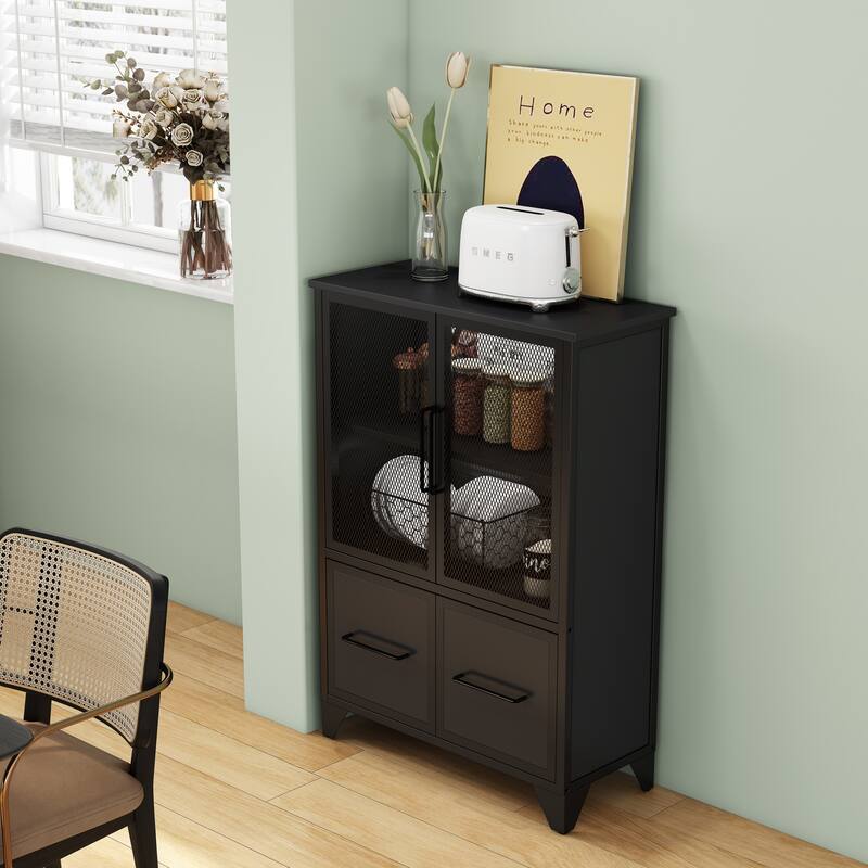 Storage Cabinet With 4 Iron Doors,Black Metal Handle,Sideboard With Adjustable Shelf,Black Sturdy Metal Frame and Metal Legs
