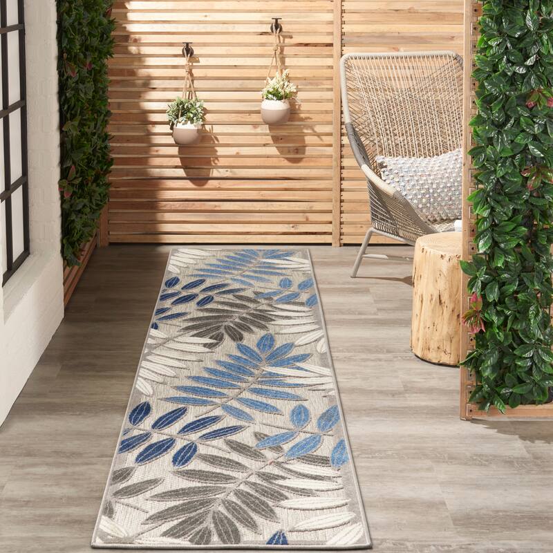 Nourison Aloha Leaf Print Vibrant Indoor/Outdoor Area Rug - 2' x 6' Runner - Grey/Blue