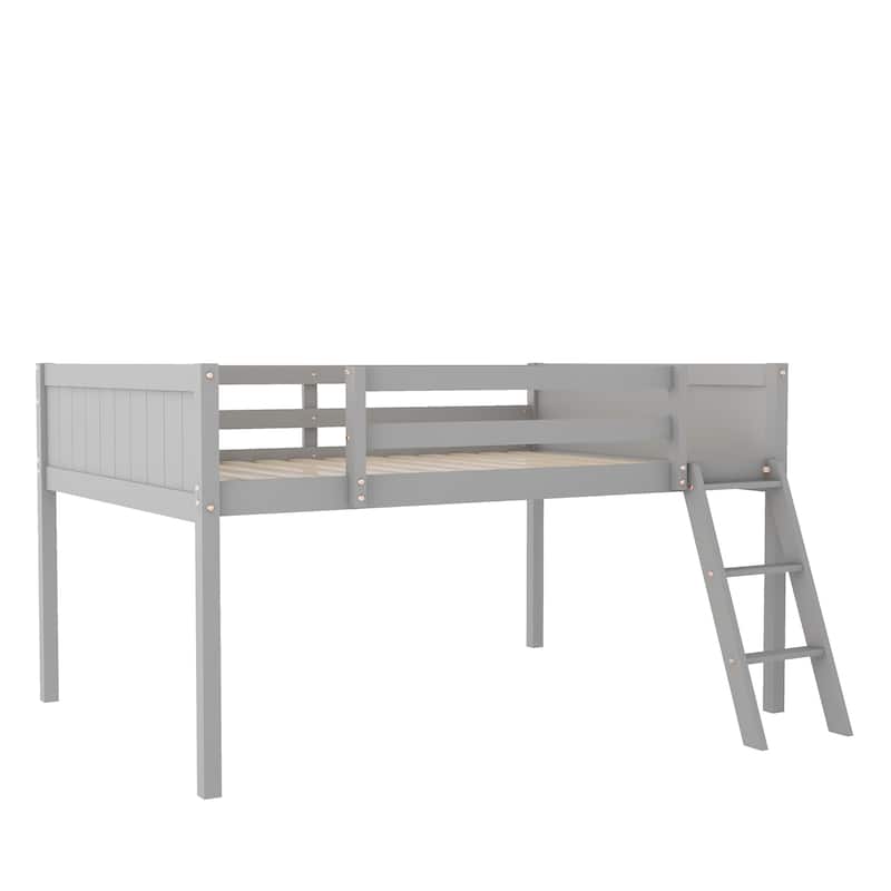 Full Size Wood Low Loft Bed with Removable Ladder, Wooden Bed Frame