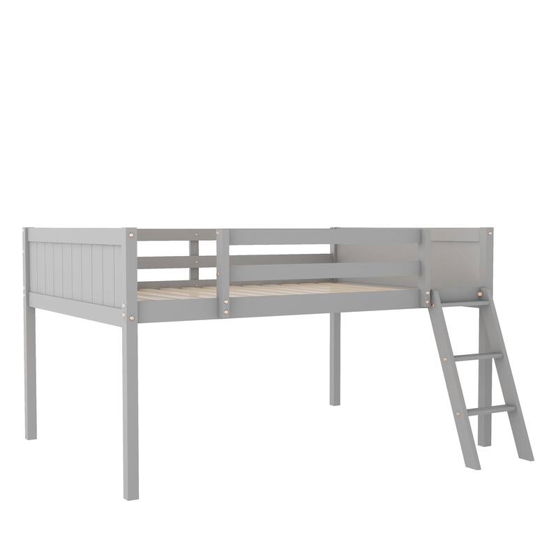 Solid Wood Low Loft Bed with Ladder and Fence Baffle, and Wood Slats Support for Bedroom