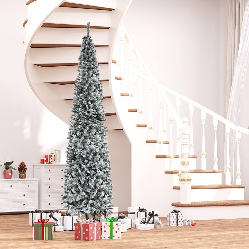 9FT Tall Unlit Snow-Flocked Slim Artificial Christmas Tree with 1014 Tips