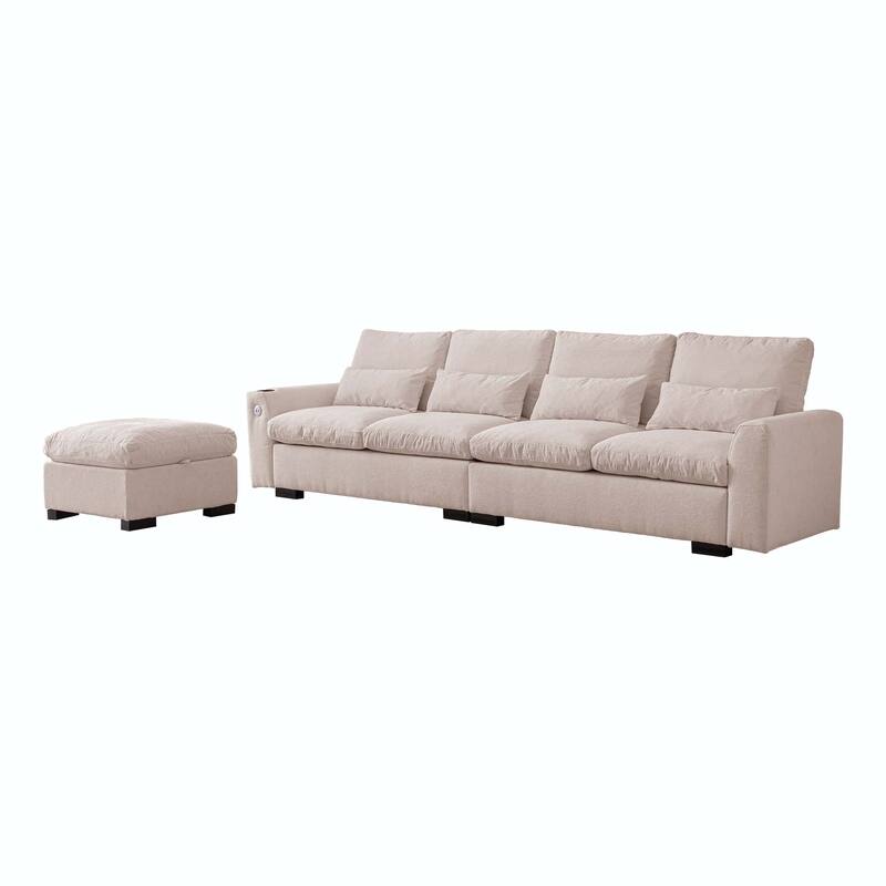 114.5"Modern L Shaped Chenille Sofa with Ottoman and USB Ports