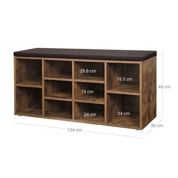 10 Cubbie Shoe Cabinet Storage Bench with Cushion, Adjustable Shelves, Rustic Brown