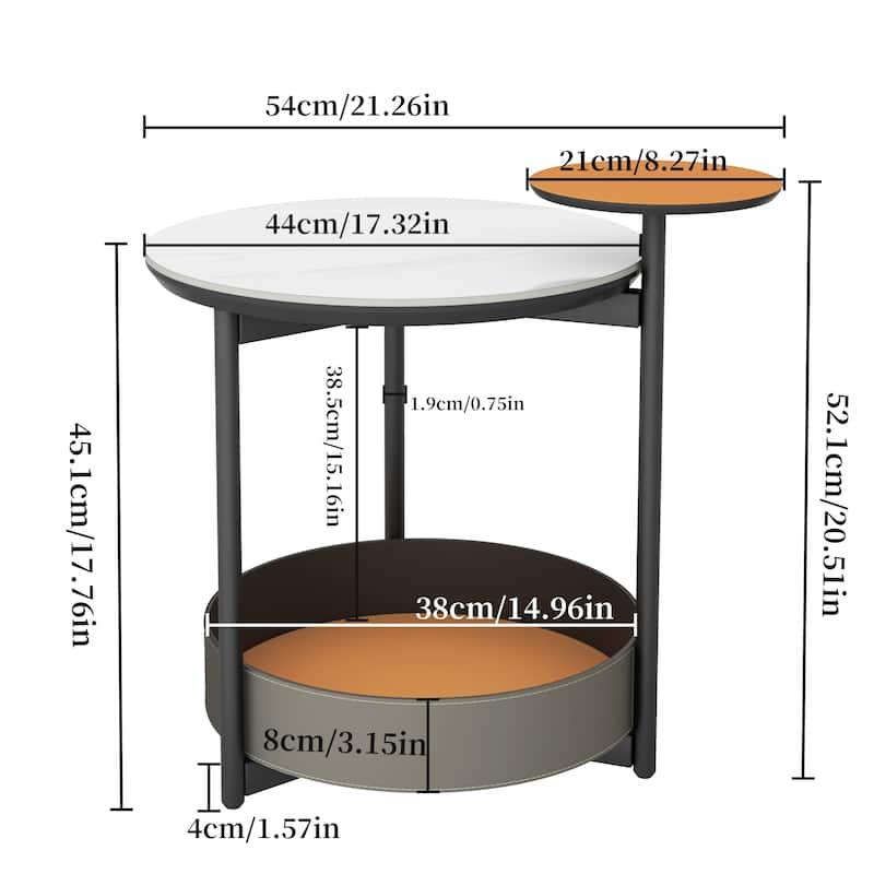 Unique Round Side End Table with 3-Tiers,Sintered Stone-top,Microfiber Saddle Leather Shelves,Accent Bedside Table for Room - L * H total 54x52.1cm