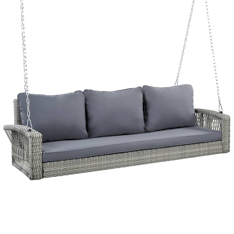 PE Wicker 3-Person Porch Swing with Includes Cushions and Chains, 800lb Capacity