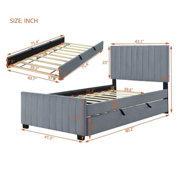 dimension image slide 2 of 3, Velvet Upholstered Twin Size Platform Bed with Pull-out Cord Twin Size Trundle