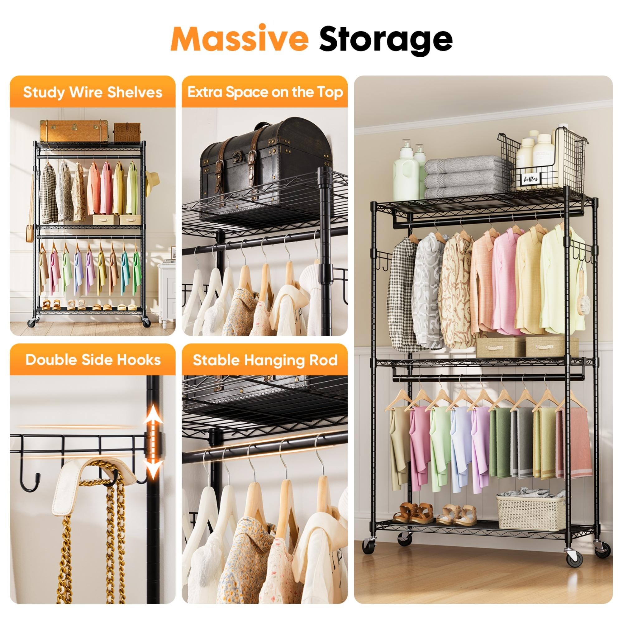 Heavy Duty Garment Racks 3 Tiers Portable Adjustable Wire Shelves