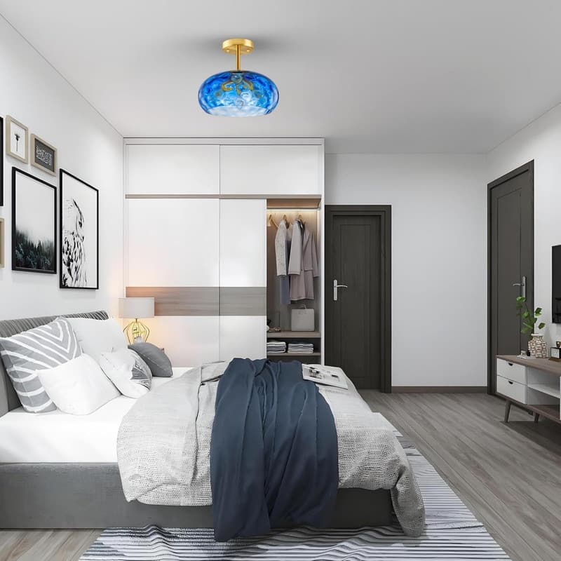 3 light bulbs light brass glass kitchen lights blue flush mount light - N/A