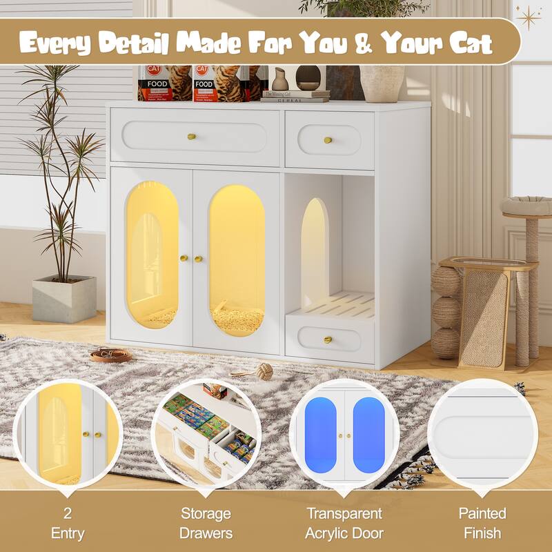Cat Litter Box Enclosure with LED Light, Hidden Litter Box Furniture with Storage Drawers, Indoor Pet House with Acrylic Doors