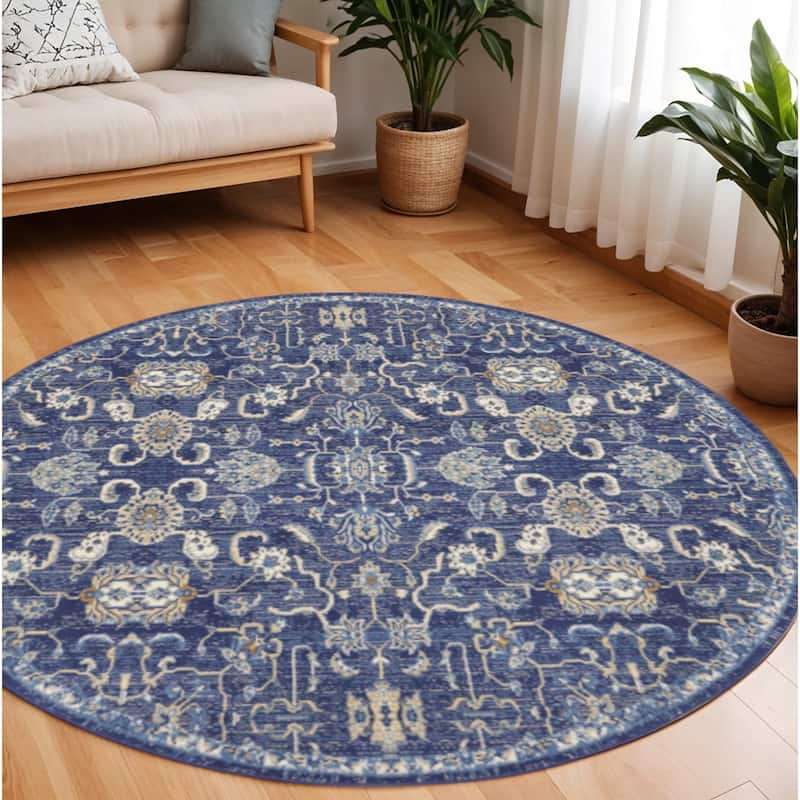 Luyi Power Loomed Geometric Floral Traditional Area Rug By HomeRoots - 96' X '96' X '0.5 - 96' X '96' X '0.5 - Oxford Blue - Round