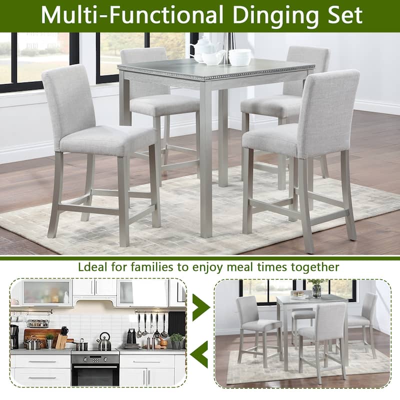 GDFStudio - Hamilton 5-Piece Classic Crystal Design Wooden Counter Height Dining Table Set with 4 Upholstered Chairs