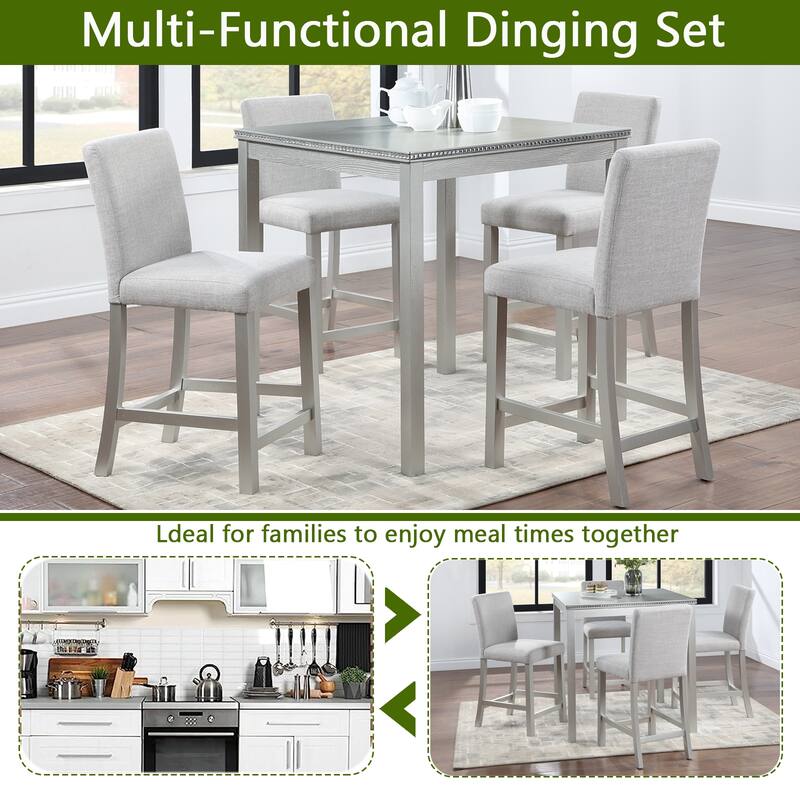 Modern Style 5-Piece Dining Set with Square Counter Height Table and 4 Upholstered Dining Chairs