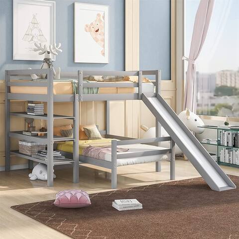 Merax Wood Bunk Bed with Slide, Loft Bed with Twin Separate Platform Bed