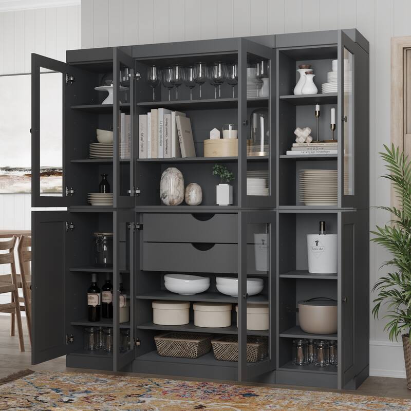 Palace Imports 100% Solid Wood 65" Pantry Cabinet with Clear Glass, Shaker Doors, 2-Drawers and Adjustable Shelves