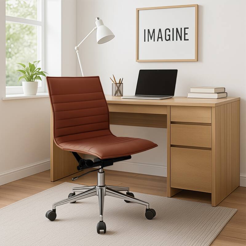 Set of 2 Modern Office Chairs | Upholstered PU Leather Ribbed Armless Mid Back with Metal Frame | Adjustable Height, Tilt