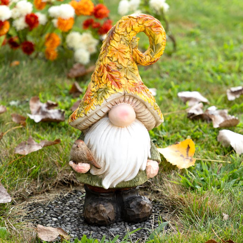 Fall Harvest Gnome in Maple Leaf Mushroom Hat Outdoor Garden Statue - 16.5"