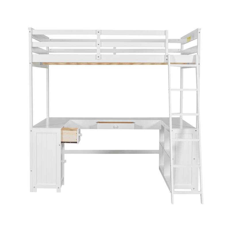 Full Size Loft Bed with U-shaped Desk, Drawers, and Storage Shelves in White