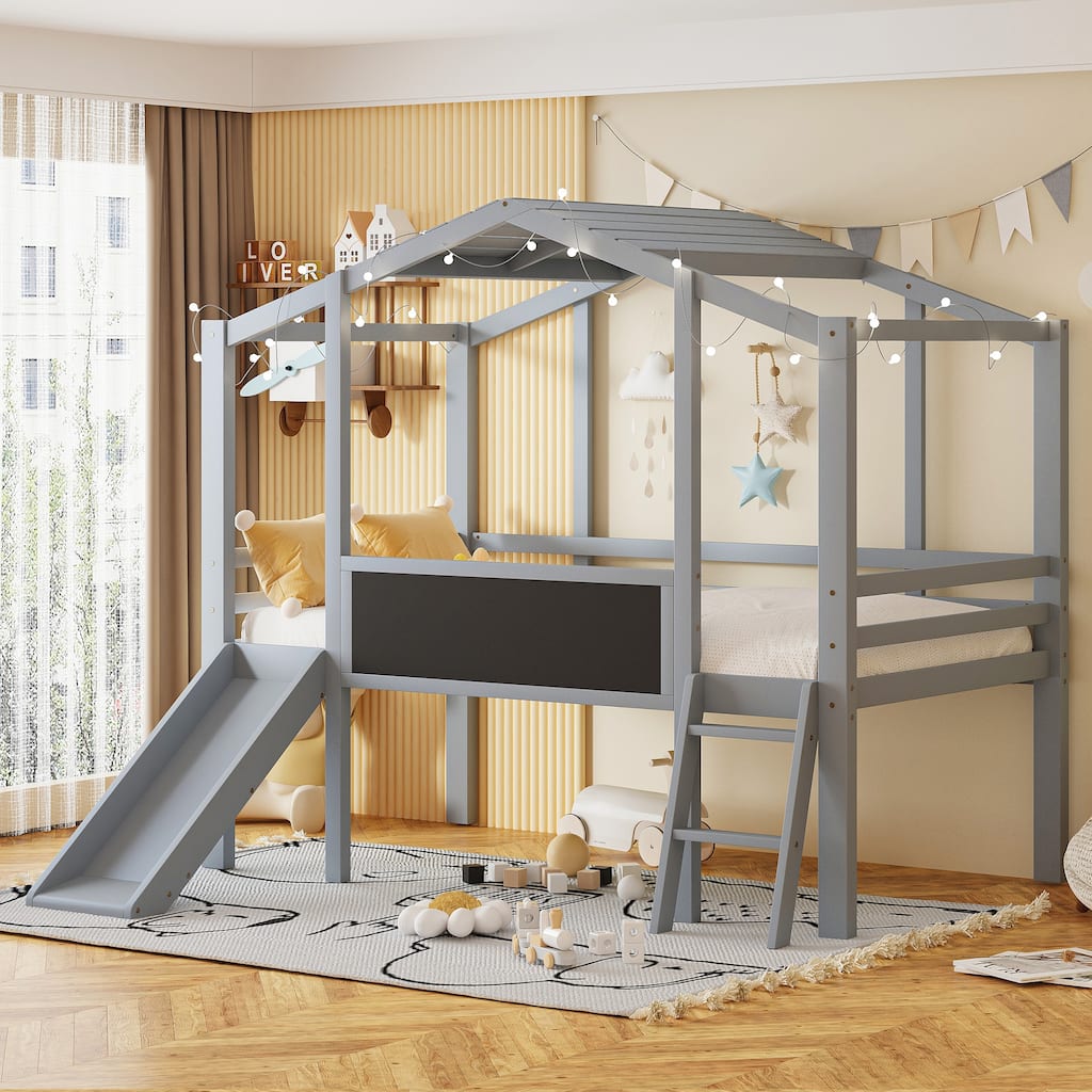 Gray Twin Size Solid Wood Loft Bed with Ladder and Slide, House Bed with Blackboard and Light Strip on the Roof