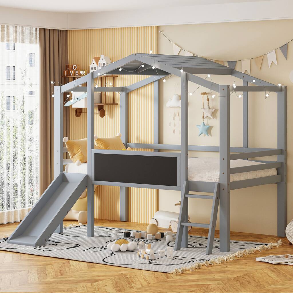 Gray Twin Solid Wood Loft Bed with Slide and Blackboard Feature