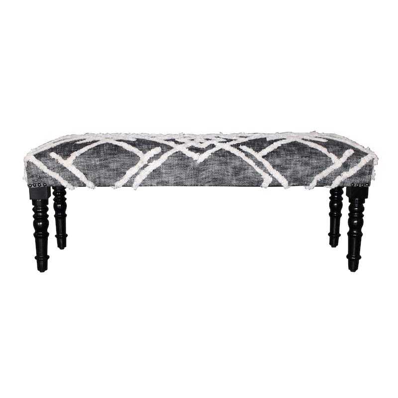HomeRoots 47" Gray And White Cotton Upholstered Distressed Bench - 47 x 18 x 16