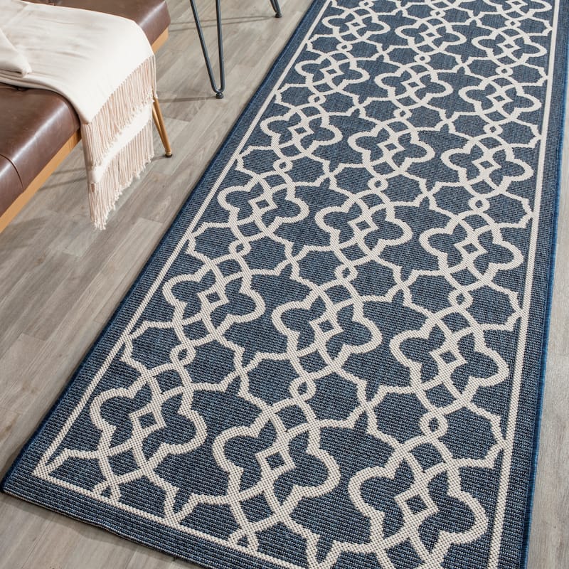 SAFAVIEH Courtyard Marline Indoor/ Outdoor Waterproof Patio Backyard Rug - 2'7" x 8'2" Runner - Navy/Beige