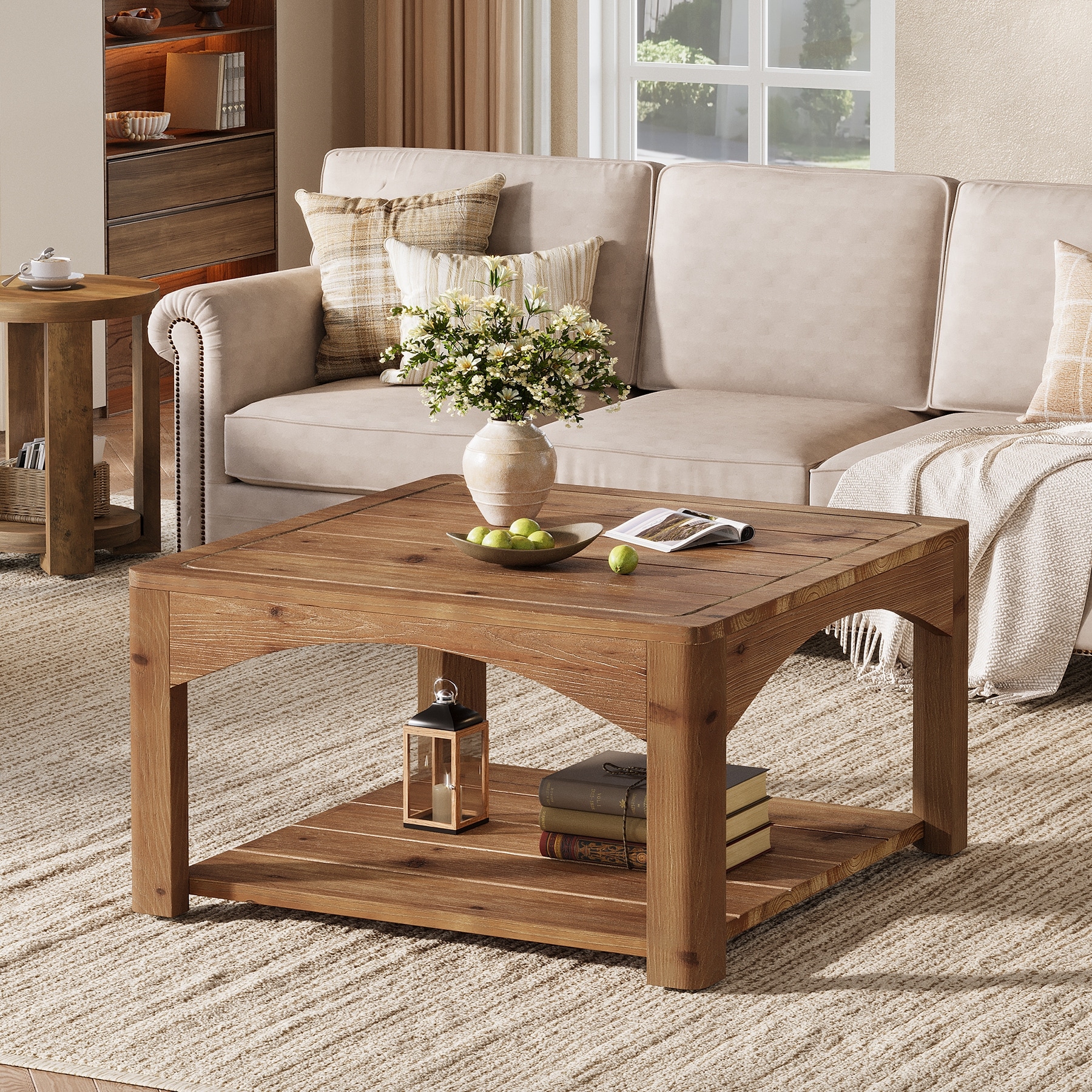 Solid Wood Coffee Table, 31.5-Inch Square Coffee Table for Living Room