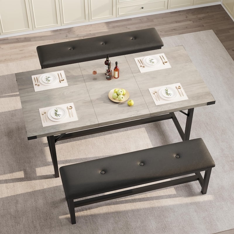 Dining Table Set for 4-6, 63" Extendable Wood Dining Room Table with Corner Protector & 2 Upholstered Benches - Grey