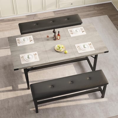 Dining Table Set for 4-6, 63" Extendable Wood Dining Room Table with Corner Protector & 2 Upholstered Benches