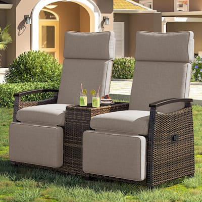 Adjustable Backrest Patio Recliner Wicker Outdoor Lounge Chair Set with Acacia Wood Armrests and Built-in Storage Table