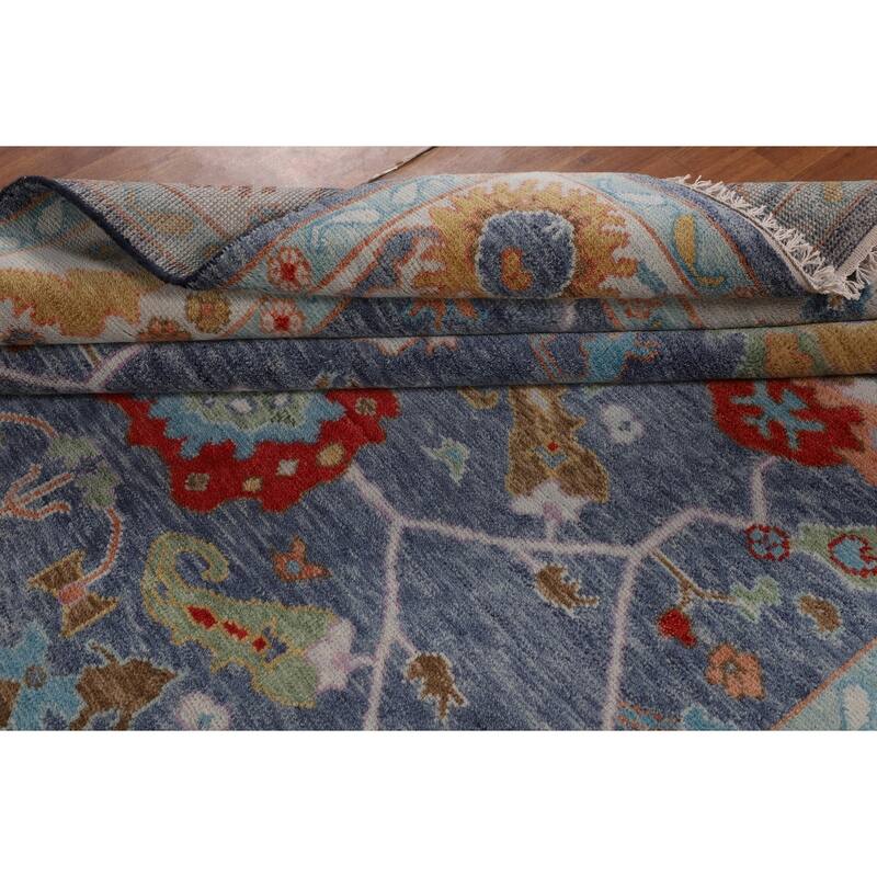 All-Over Blue Floral Oushak Indian Area Rug Hand-Knotted Wool Carpet - 7'11" X 9'9"