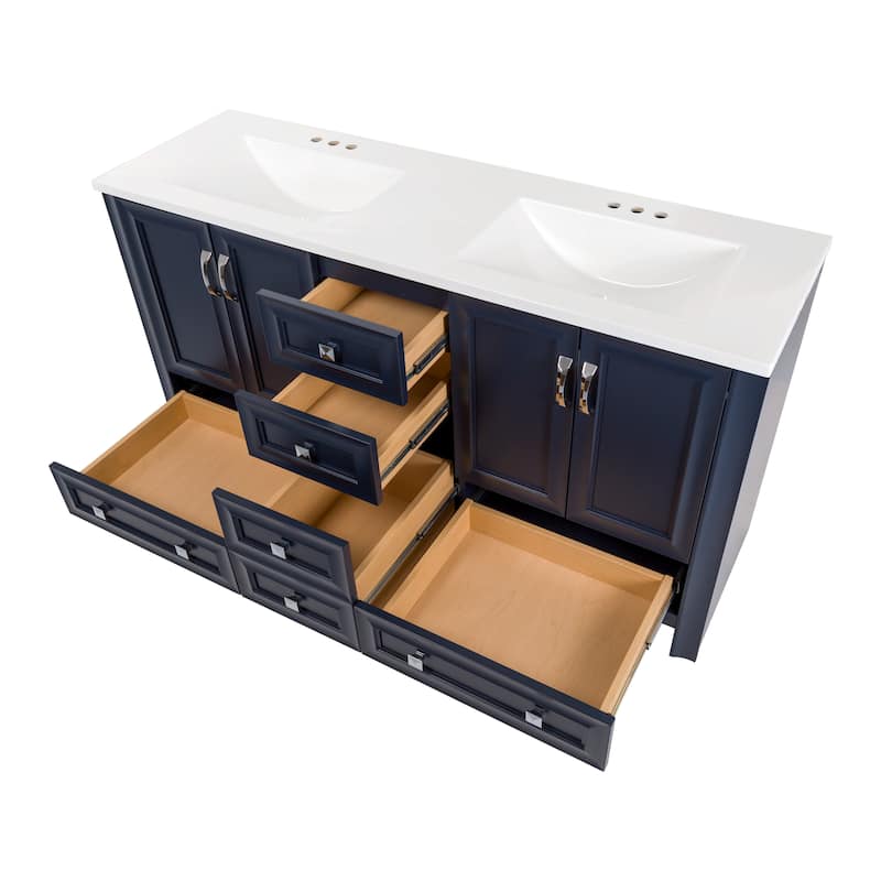Spring Mill Cabinets Nimay 60.5" Double Bathroom Vanity With 5 Drawers, 2 Cabinets, and White Sink Top