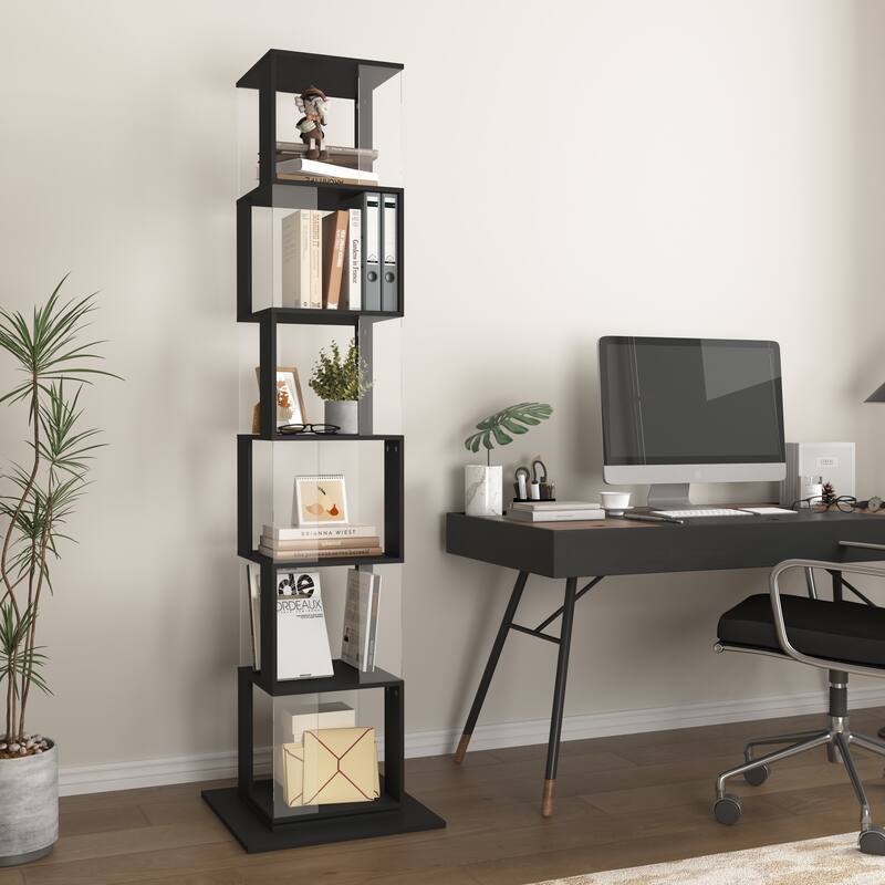 6 tier Rotating Bookshelf, Floor Rack Simple Bookcase with Acrylic plate Bookshelf with anti-toppling base