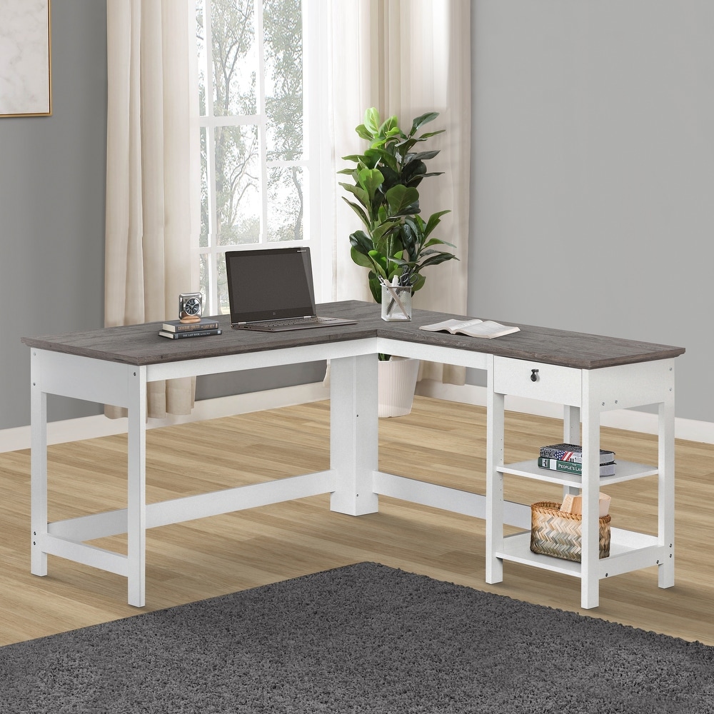 Saint Birch Finley White 59-inch L-Shape Desk (White/Grey - Oak Finish)