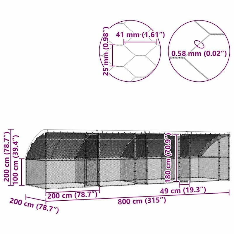 vidaXL Chicken Cage Silver 400/600/800 x 200 x 198.5 cm Galvanized steel