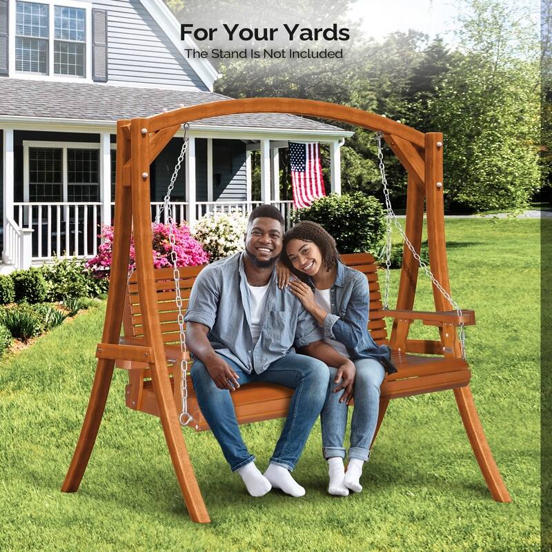 Brown Wood Porch Swing with Cup Holders and Phone Slot - N/A