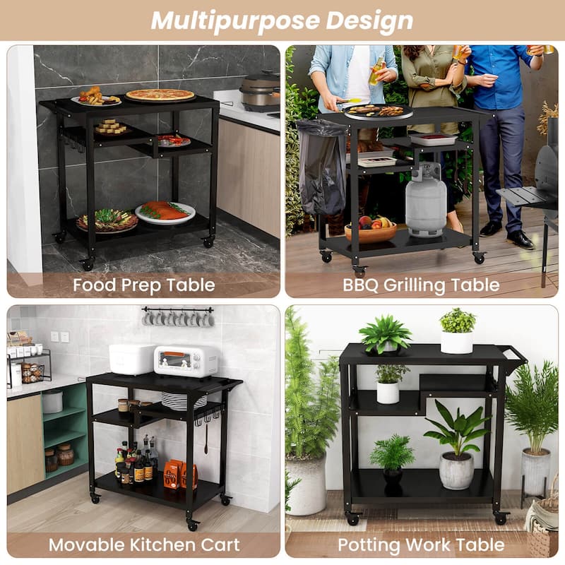 Costway Rolling Grill Cart 3-Shelf BBQ Table Pizza Oven Stand with - See Details
