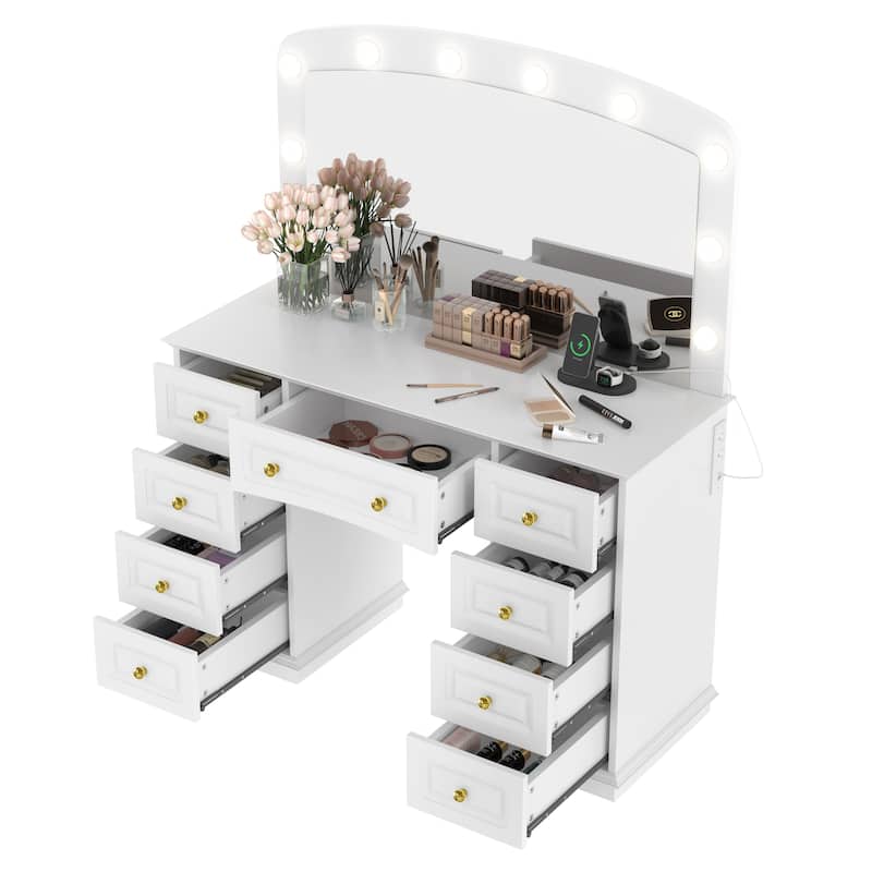 Vanity Desk with 10 Hollywood Bulbs & Stool, Multi-functional Vanity Set, Dressing Table with Charging Station & 9 Drawers
