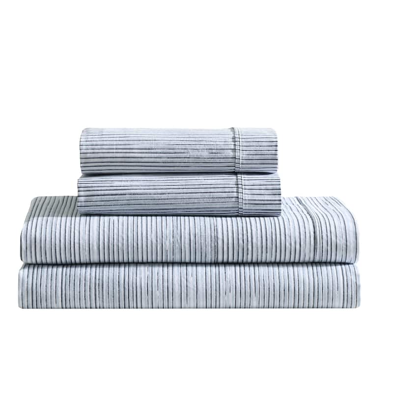 Calvin Klein Washed Cotton Percale Sheet Set - Wavy Stripe Blue - Queen