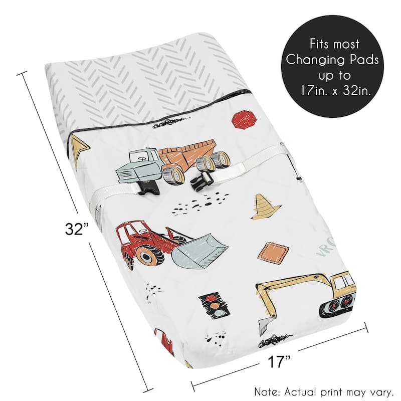Sweet Jojo Designs Construction Truck Boy Changing Pad Cover - Grey Yellow Orange Red Blue Transportation Chevron Arrow